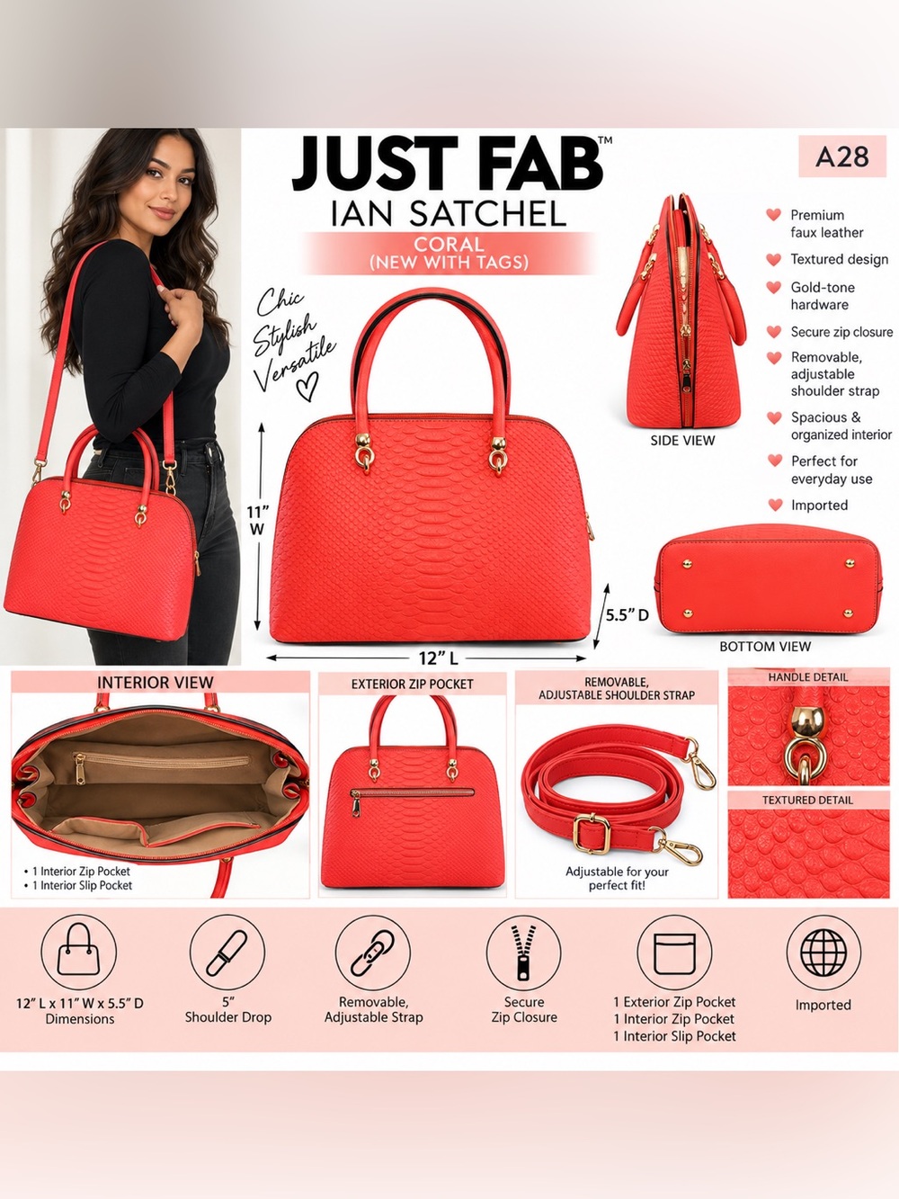 JUST FAB IAN SATCHEL – CORAL (NEW WITH TAGS)  A31